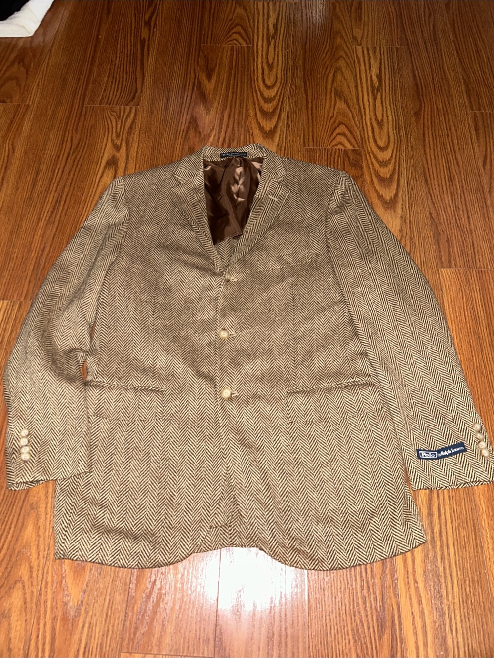Polo Ralph Lauren Mens Brown Herringbone Tweed 3 Button Blazer Sport Silk Jacket